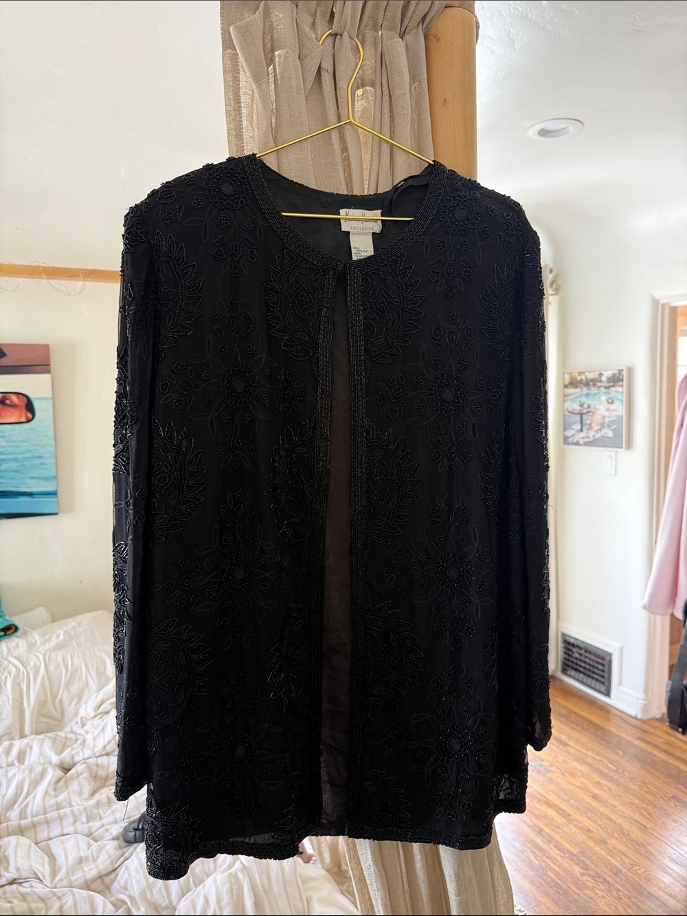 Neiman Marcus Black Beaded Embroidered Open Cardigan - Picture 2 of 5